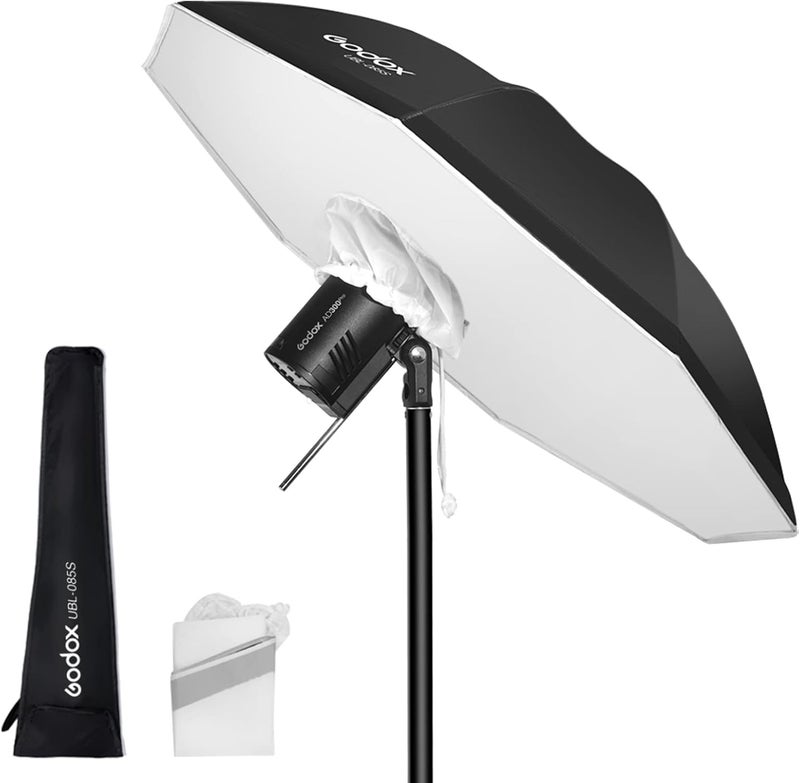 Godox UMB-85S 85 سم 33.4 بوصة مظلة عاكسة سوداء فضية للاستوديو الفوتوغرافي مع غطاء ناشر كبير لتصوير الفيديو - Image 1